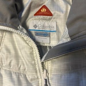 White and gray Columbia winter jacket